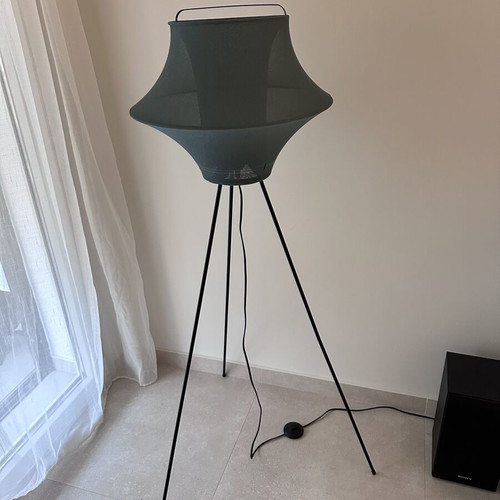 IKEA floor lamp used, dark blue fabric shade, tripod legs