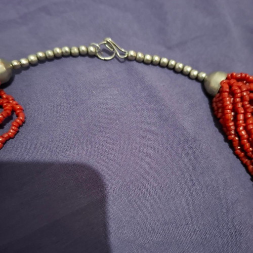 Necklace and bracelet vintage multi-strand set with coral like new, red and silver
