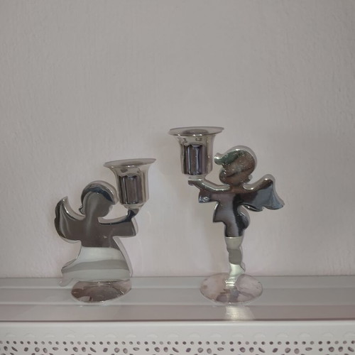 Fink Holyworker angel candle holders used, stainless steel silver, set of 2