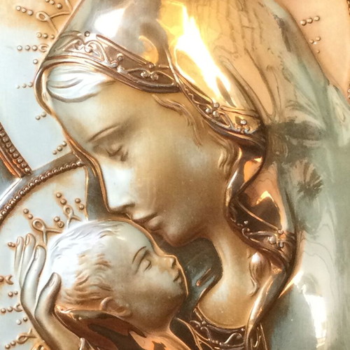 Madonna and Child embossed religious icon like new, gold and silver finish
