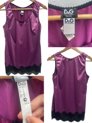 Μεταξωτό μωβ τοπ D&G Dolce & Gabbana με μαύρη δαντέλα, μέγεθος M