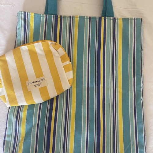 Summer beach set with double-sided striped bag and Pharmasept Heliodor pouch like new