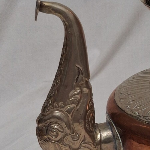 Vintage Tibetan Ewer Copper with Silver Dragon Motifs like new