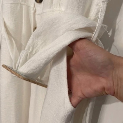 White linen one-piece with belt and straw buckle, new