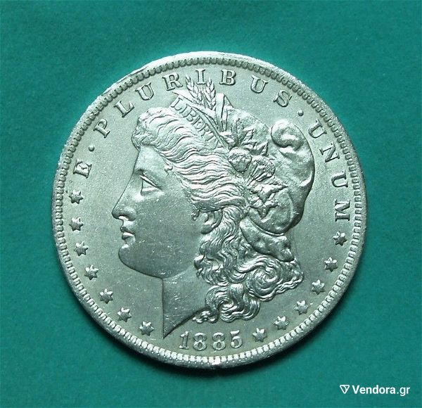  1885 asimenio amerikaniko dolario . Morgan Dollar .