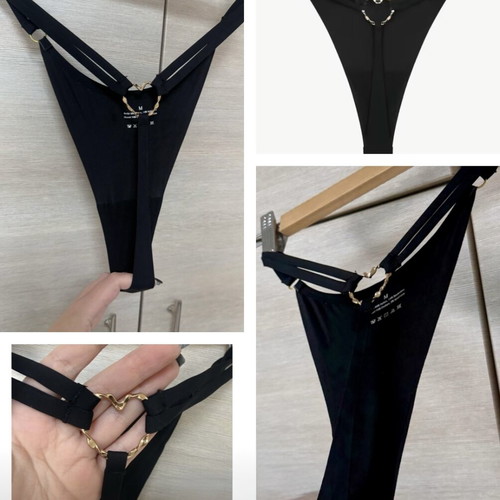 Intimissimi Black Seamless String Cotton Thong with Gold Heart, New