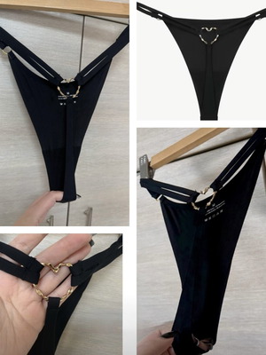Intimissimi Black Seamless String Cotton Thong with Gold Heart, New