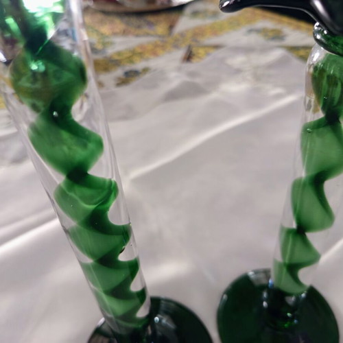 Pair of vintage Italian Capolavoro candlesticks used, handmade green glass