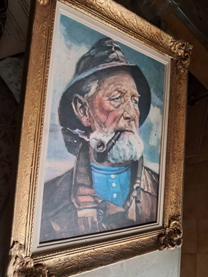 Vintage decorative painting portrait of elderly man with pipe, used
