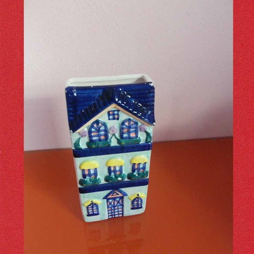 Ceramic wall decor used, unknown potter flower vase