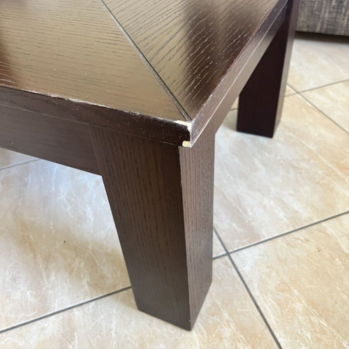 Coffee table with drawer and glass detail, dark brown wood