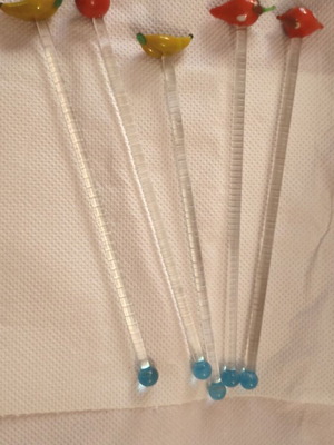 Vintage glass cocktail stirrers set of 5 with fruit decorations