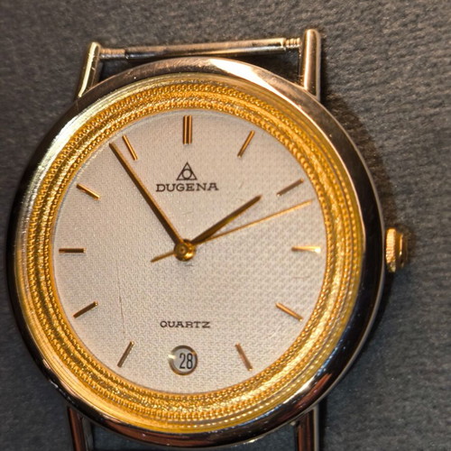 Dugena men's quartz watch like new with gold bezel