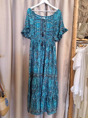 Silk long dress turquoise and brown, one size, new