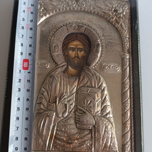 Silver Icon 950 Jesus Christ Pantocrator used, Byzantine replica