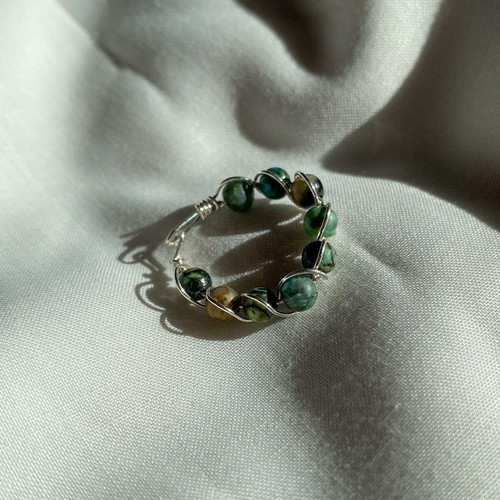 Handmade boho ring made to order with african turquoise and silver-plated wire