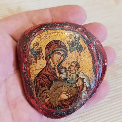 Silkscreen icon on canvas on pebble