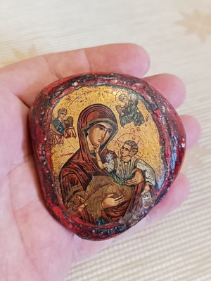 Silkscreen icon on canvas on pebble