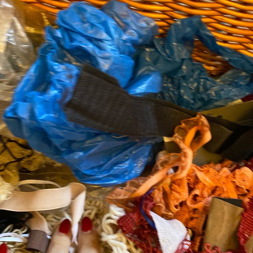 Basket with used sewing materials, Fortnum & Mason London