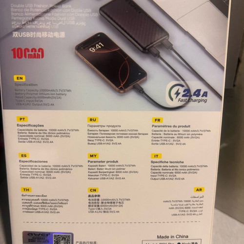 Awei P5K Pro Power Bank 10000mAh with Dual USB and Fast Charge 2.4A