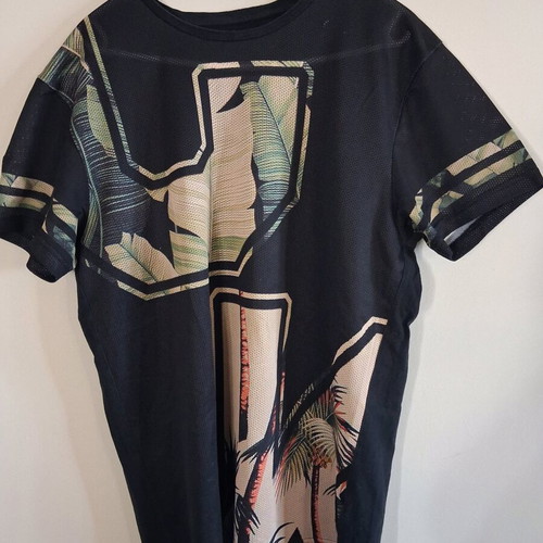 Bershka black mesh t-shirt used, tropical print, size M