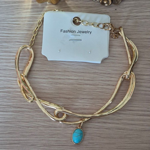 Gold Necklace with Blue Stone Made of Steel New