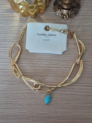 Gold Necklace with Blue Stone Made of Steel New