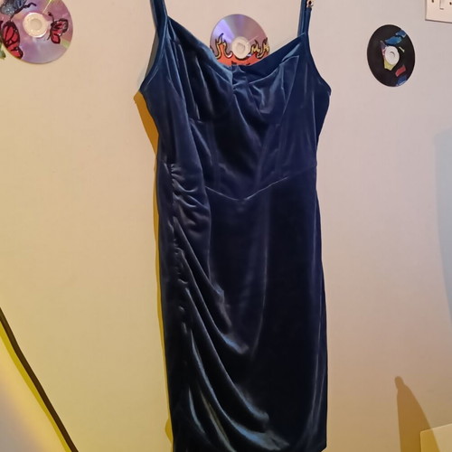 Shein Blue Velvet Dress Size L Like New with Gold Detail