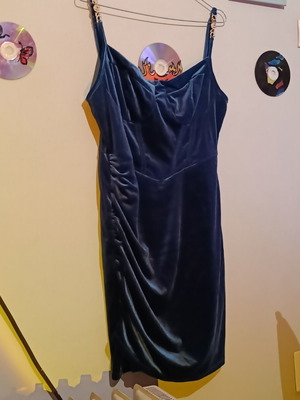 Shein Blue Velvet Dress Size L Like New with Gold Detail