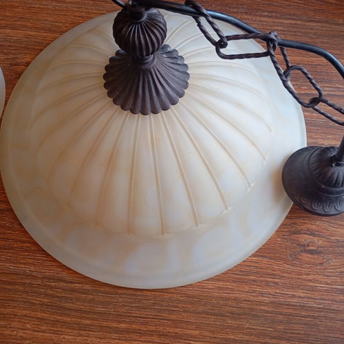 Vintage single pendant ceiling lights used with ribbed glass and bronze suspension