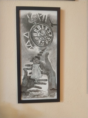 Flow of Time charcoal drawing with wooden frame new