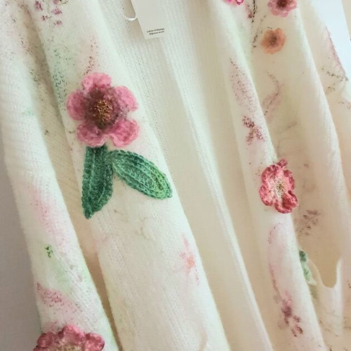 Cardigan long knit with handmade crochet flowers, new, alpaca wool