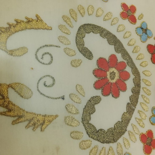 Vintage wooden serving tray with handmade embroidery, used