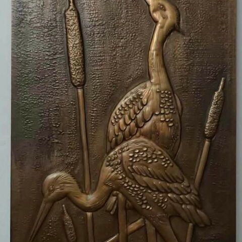 Vintage embossed copper decoration set used, herons motif