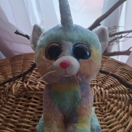 Ty Beanie Boos Heather plush cat unicorn, pastel rainbow