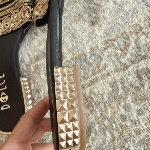Dolce slippers new with ornate gold heel and unique details