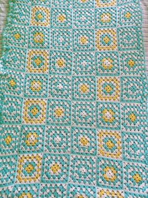 Cotton baby blanket mint yellow knitted handmade like new