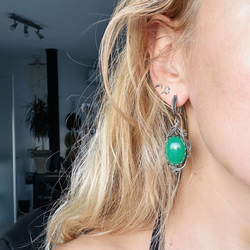 Vintage 925 Silver Earrings with Green Agate