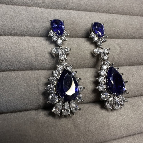 925 Sterling Silver Drop Earrings like new with lab-grown tanzanites and moissanites