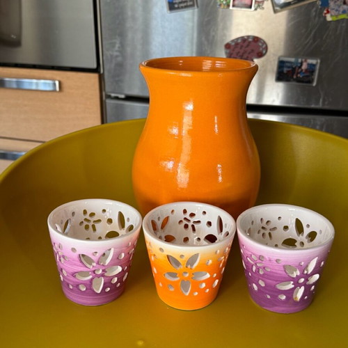 Orange vase 29 cm like new with 3 small matching candle holders gift