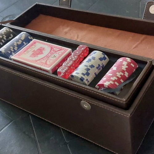Leather bottle holder new with playing cards, dice and chips