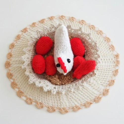 Handmade Crochet Chicken with Red Eggs Easter Decoration