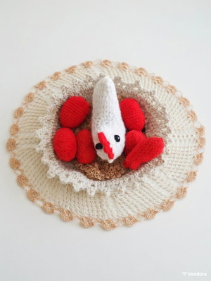Handmade Crochet Chicken with Red Eggs Easter Decoration