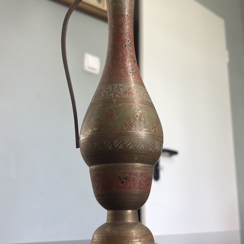 Vintage Hand Engraved Brass Vase with Colored Enamel from India like new