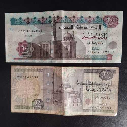 Egyptian banknotes used, 20 pounds 2008 and 100 pounds 2010