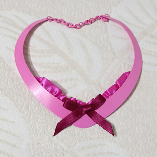Metal choker necklace new, fuchsia with burgundy bow