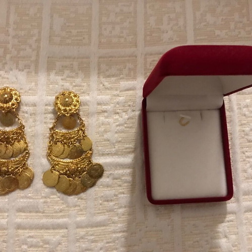 Faux gold earrings with clip Greek folk art like new