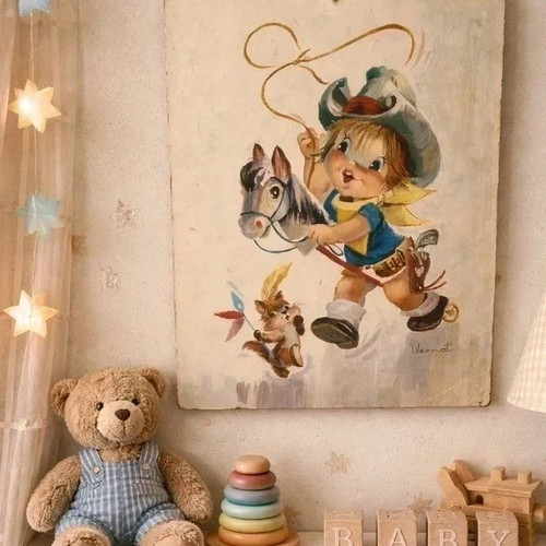 Vintage 1960s Children's Wall Plate with Cowboy Illustration Signed Vernet