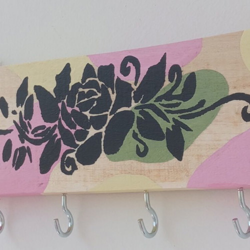 Wooden key holder handmade, 25x8 cm, pastel colors