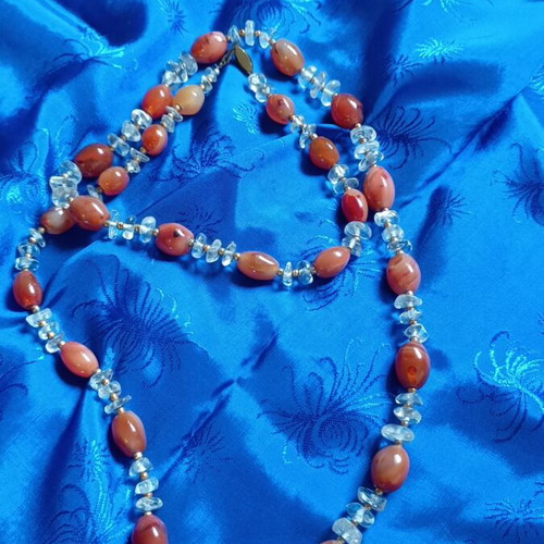 Long Necklace with Natural Carnelian and Clear Quartz stones used